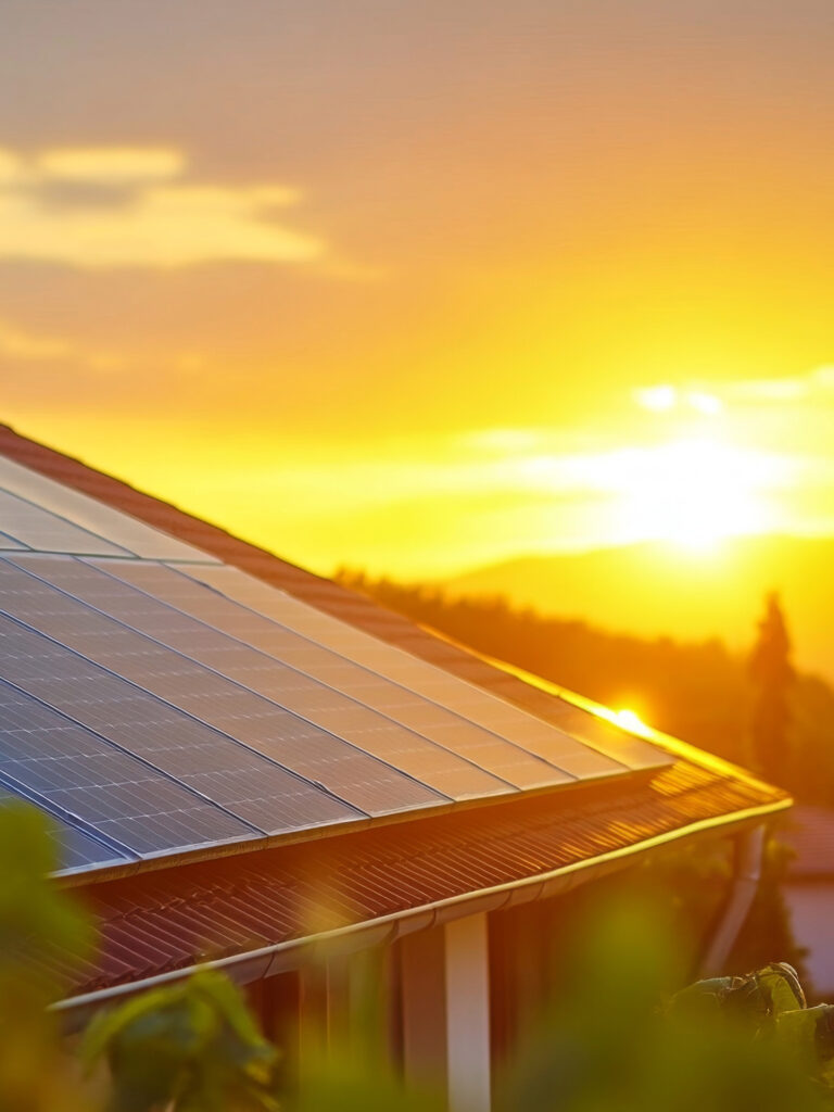 Modern house with blue solar panels under warm sunset, blending